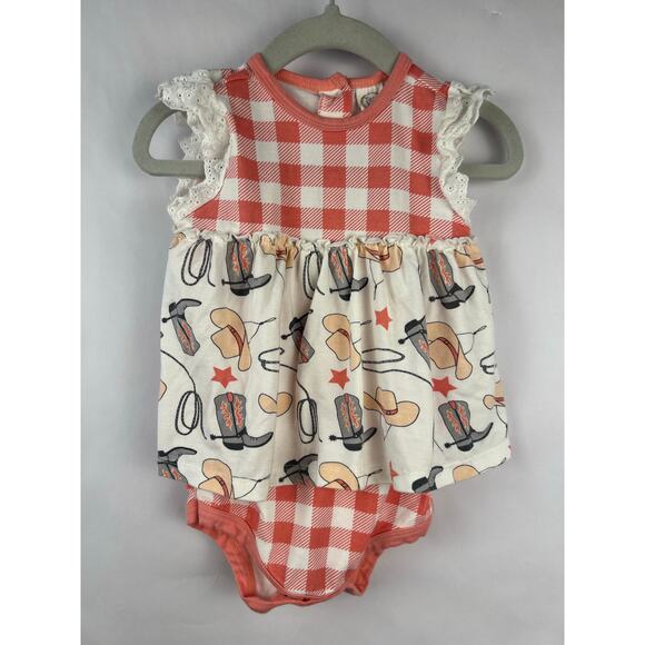 Tesa Babe Gingham Cowgirl Romper 9-12M, Western Boots Hats Rodeo Outfit - Picture 3 of 7